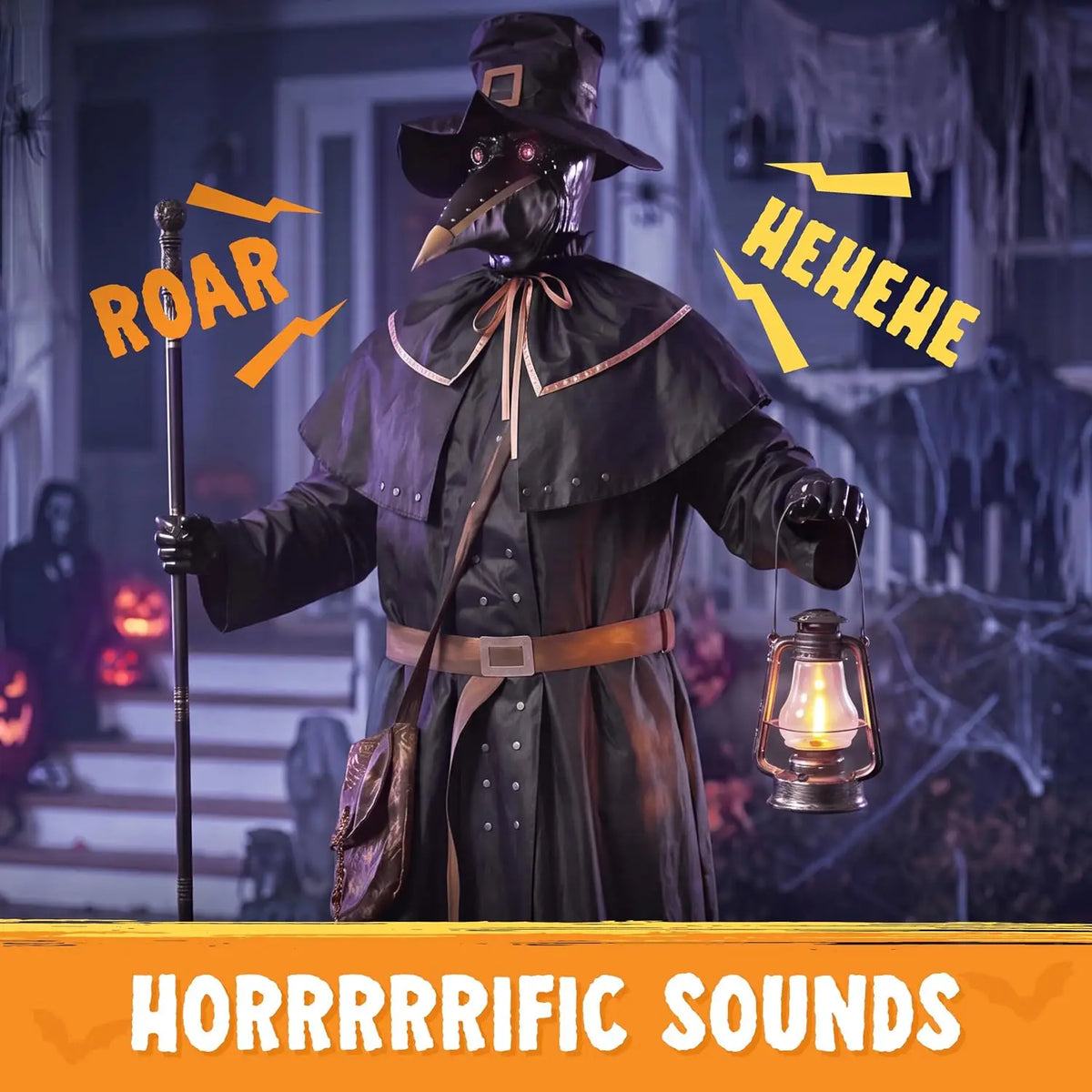 74.8 Inch Animatronic Plague Doctor Halloween Prop with LED Lantern