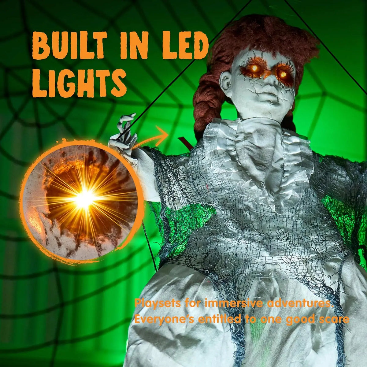 Animated Hanging Swing Girl Halloween Prop with Light-Up Eyes
