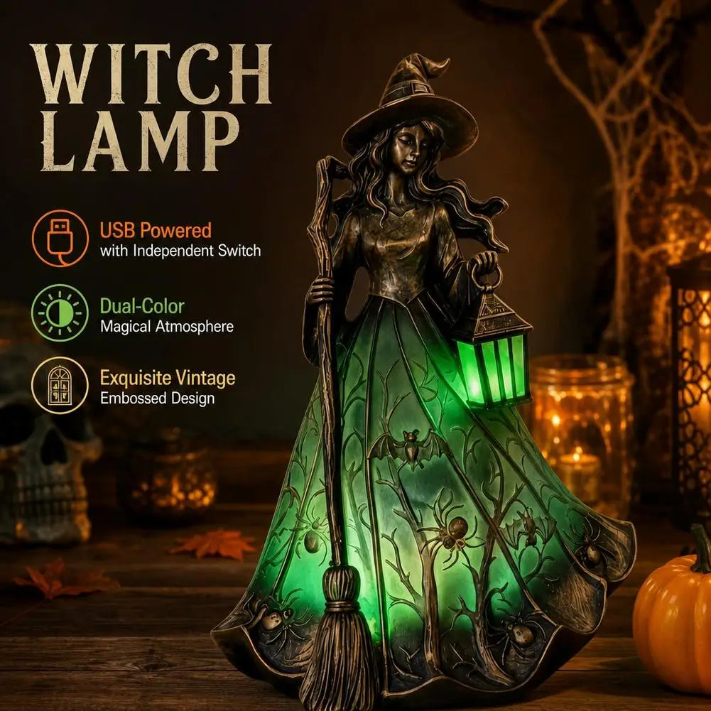 Halloween Witch Figurine Lamp, USB Night Light, Green or Yellow