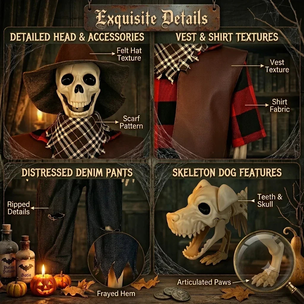 36 Inch Posable Cowboy Skeleton and Dog Halloween Decoration Set