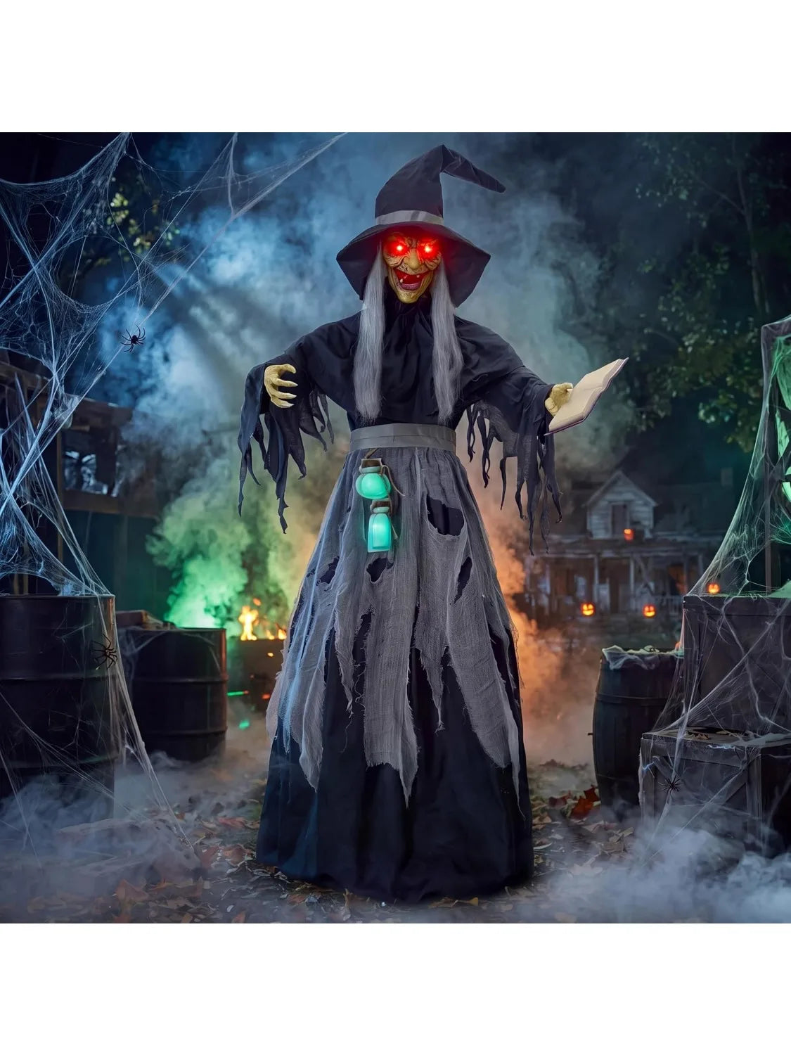 72 Inch Animated Witch with Spellbook Halloween Prop, Red Eyes