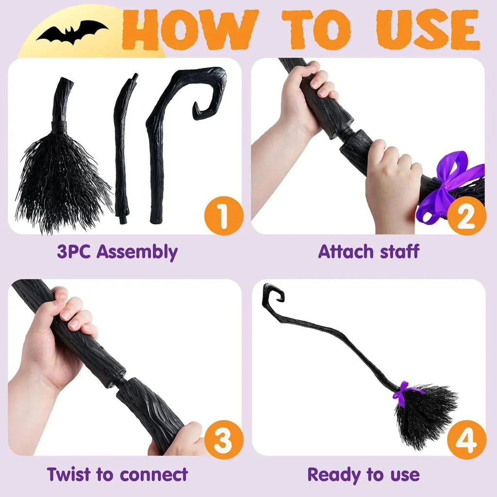 Halloween Witch Broom Costume Prop with Colorful Ribbons, Black
