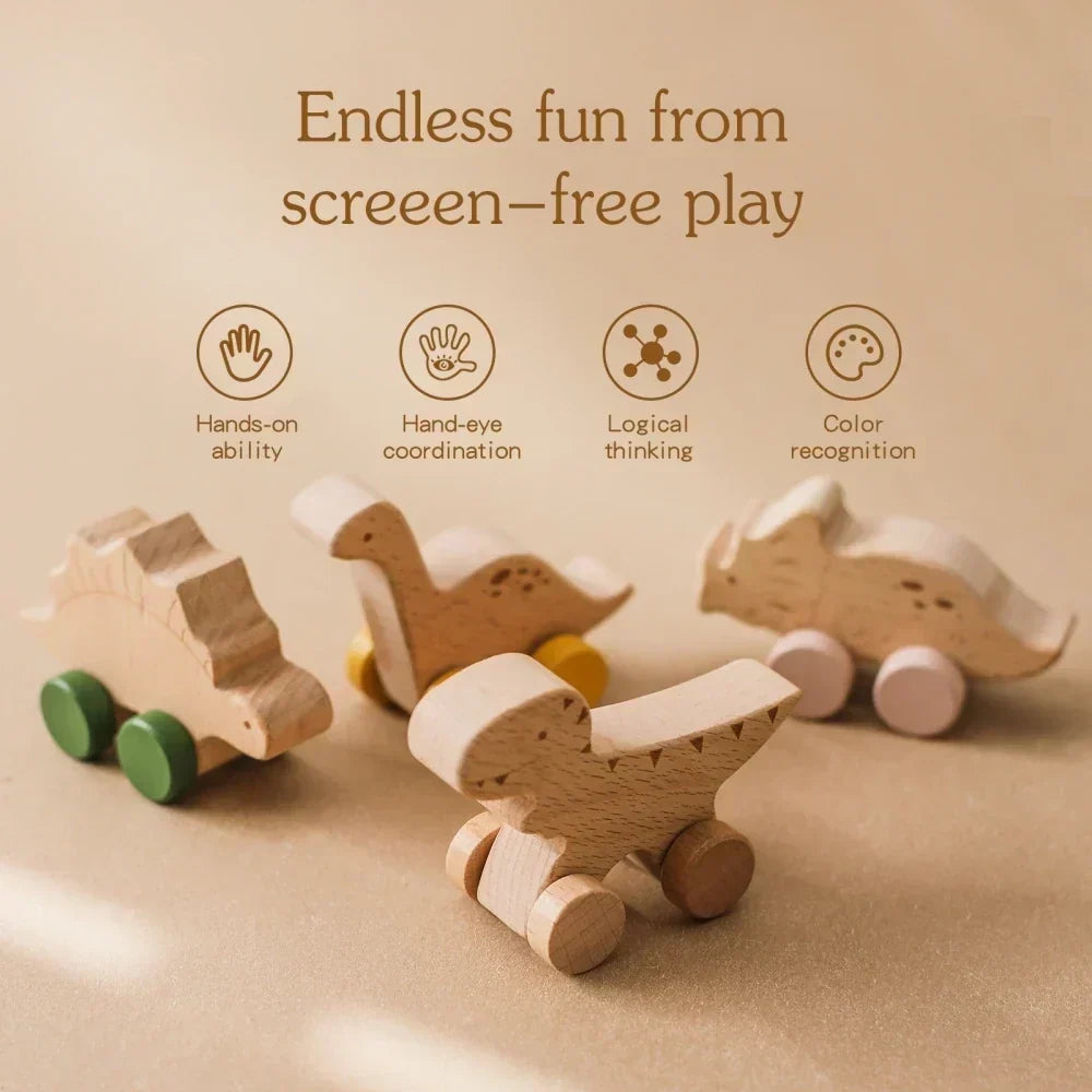 Wooden Dinosaur Push-Along Cars - Set of 4