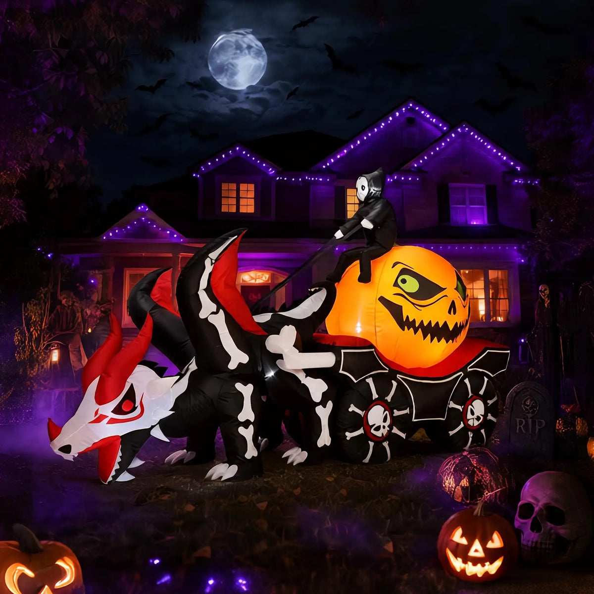 12 ft Halloween Inflatable Grim Reaper Dragon Carriage with LEDs