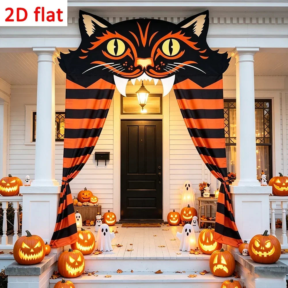 Black Cat Halloween Door Curtain, Orange and Black Striped Banner
