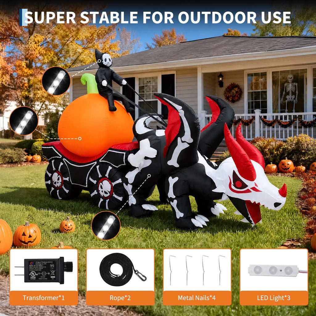 12 ft Halloween Inflatable Grim Reaper Dragon Carriage with LEDs