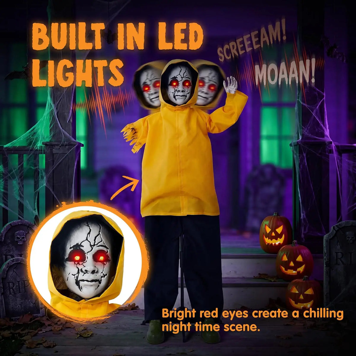 49 Inch Animatronic Raincoat Boy Halloween Prop with Glowing Eyes