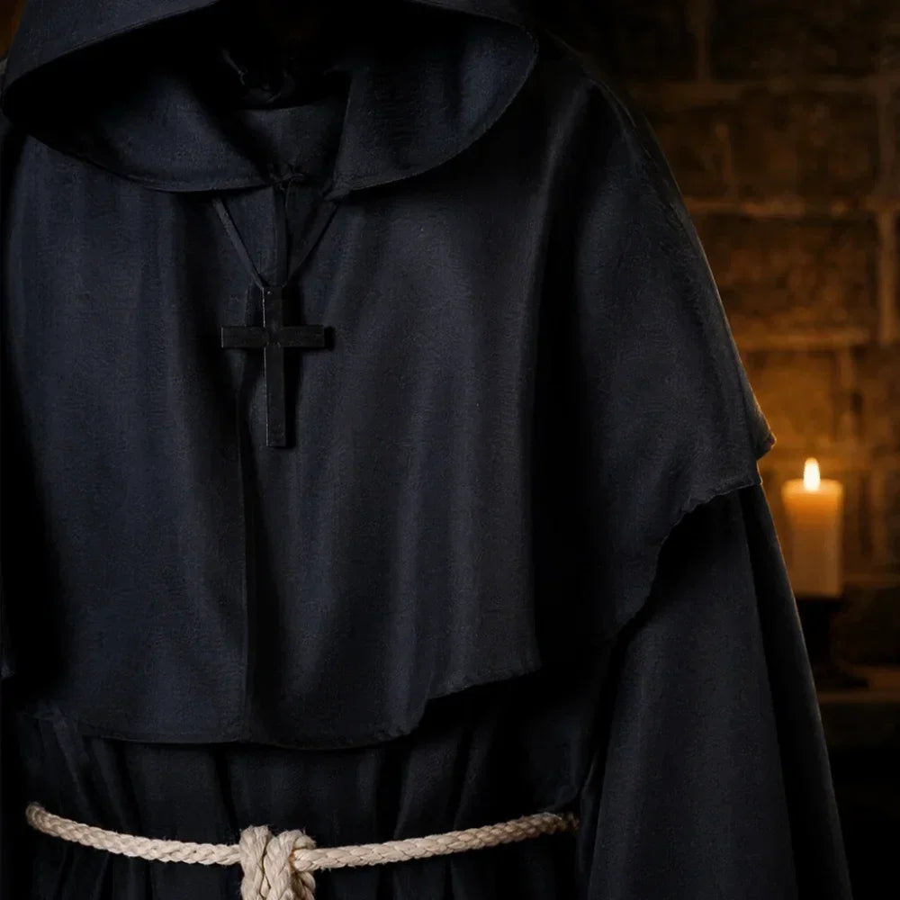 Medieval Monk Robe Costume with Hood and Waist Rope, Unisex Adult