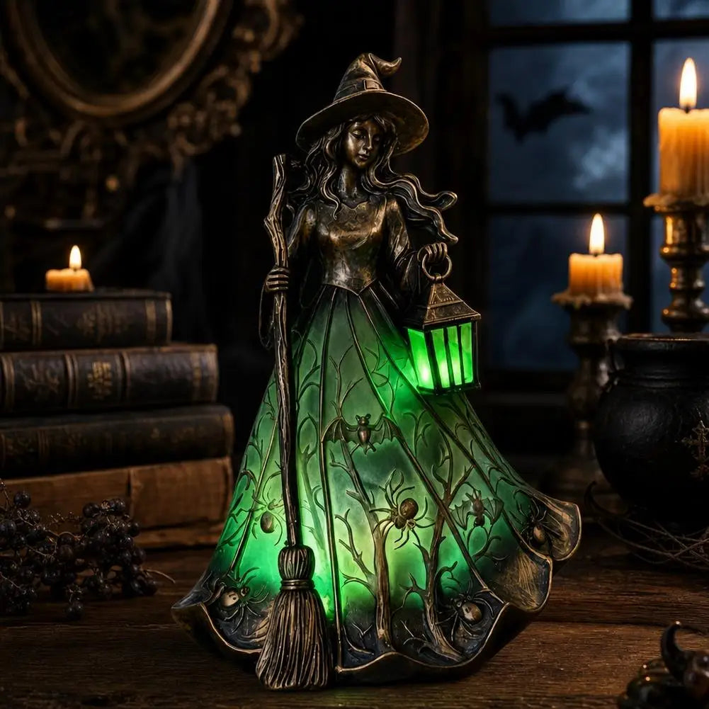 Halloween Witch Figurine Lamp, USB Night Light, Green or Yellow