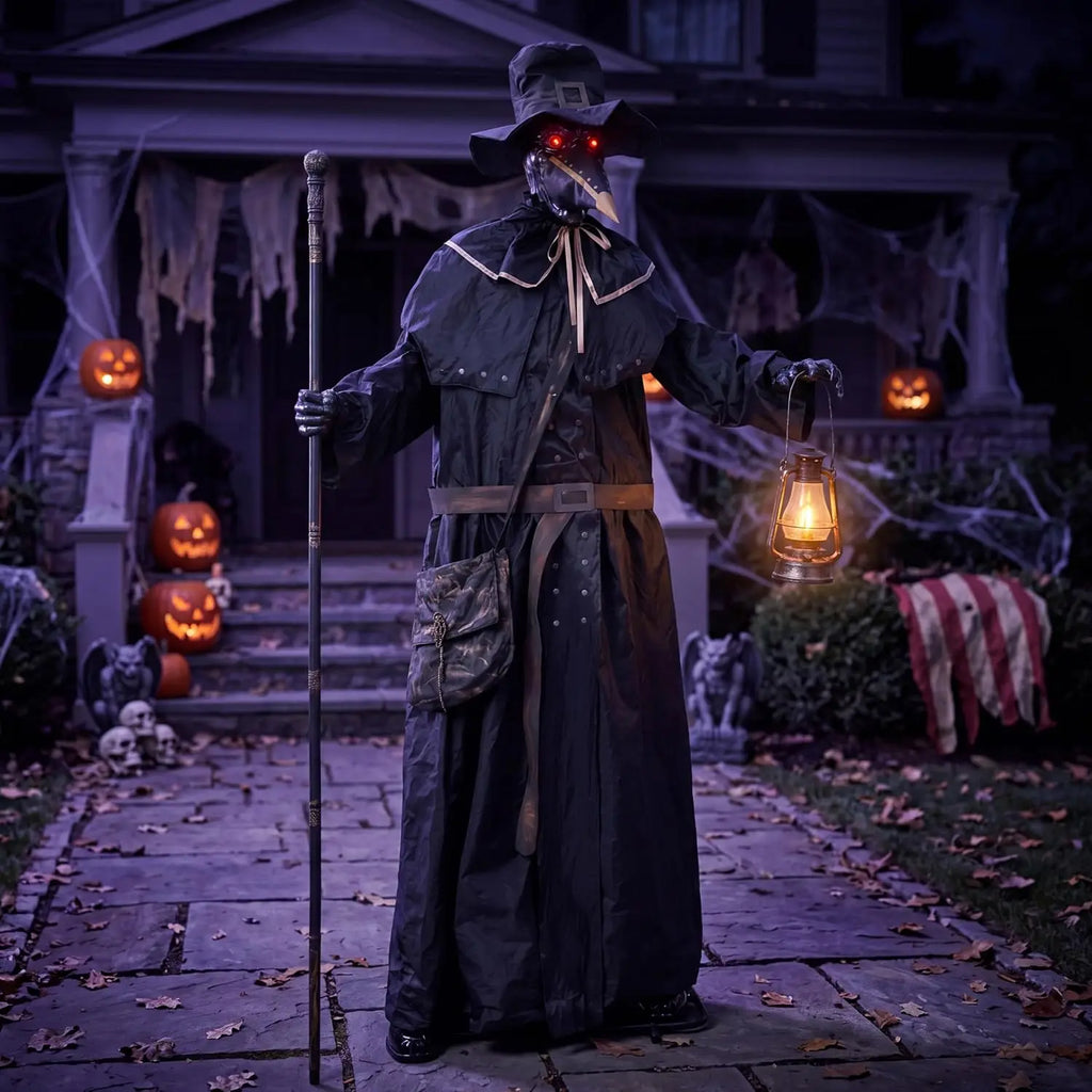 74.8 Inch Animatronic Plague Doctor Halloween Prop with LED Lantern