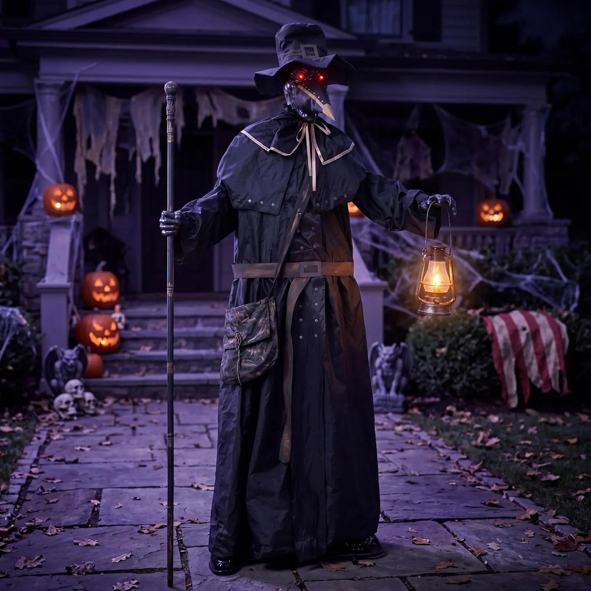 74.8 Inch Animatronic Plague Doctor Halloween Prop with LED Lantern