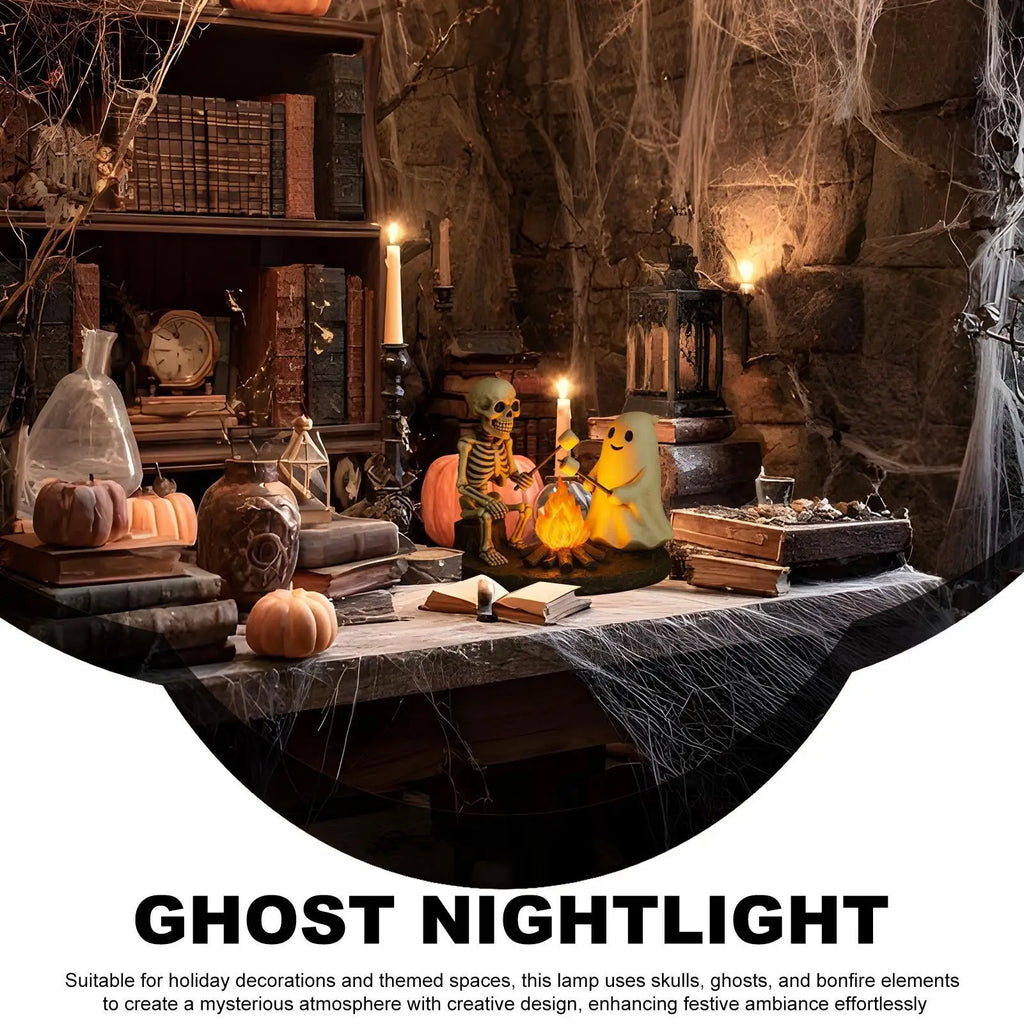 Skeleton and Ghost Campfire Night Light, Halloween Resin Lamp