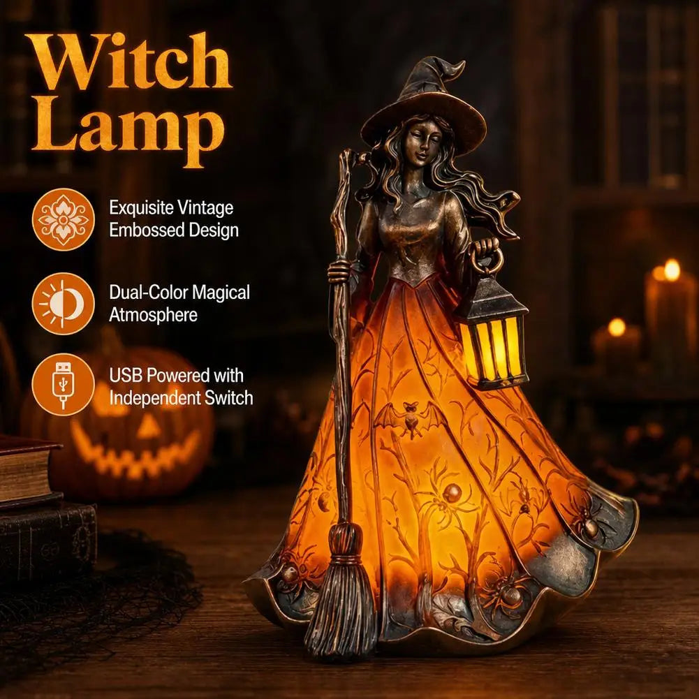 Halloween Witch Figurine Lamp, USB Night Light, Green or Yellow