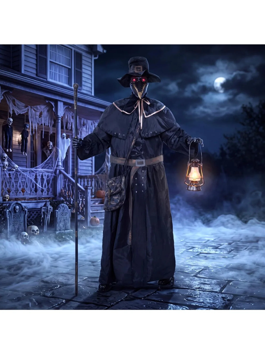 74.8 Inch Animatronic Plague Doctor Halloween Prop with LED Lantern