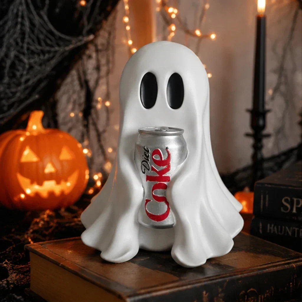 Ghost Holding Soda Can Resin Figurine, Funny Halloween Desk Decor