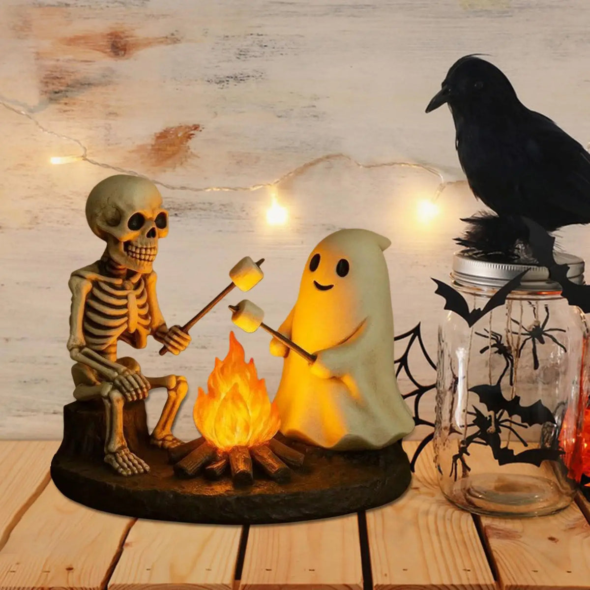 Skeleton and Ghost Campfire Night Light, Halloween Resin Lamp