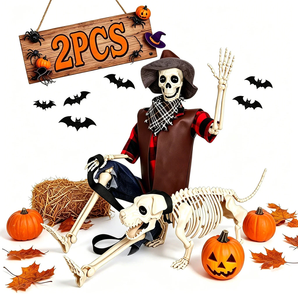 36 Inch Posable Cowboy Skeleton and Dog Halloween Decoration Set