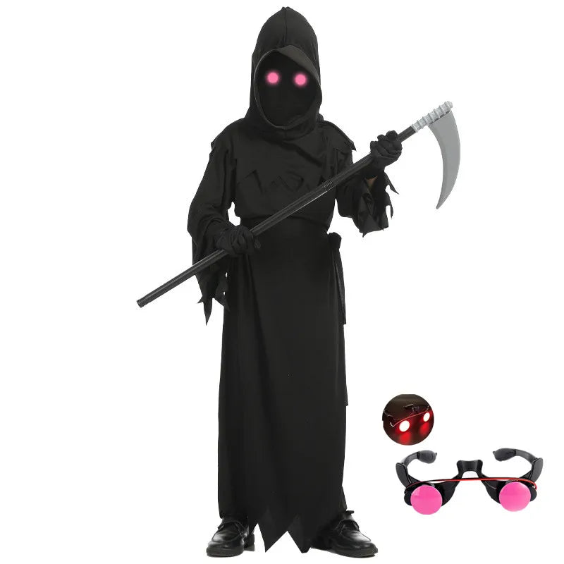 Kids Grim Reaper Halloween Costume with Red Eyes, Robe and Scythe