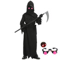 Kids Grim Reaper Halloween Costume with Red Eyes, Robe and Scythe