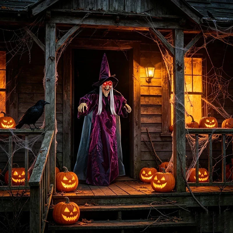 71 Inch Animatronic Witch Halloween Prop, Sound-Activated Red Eyes