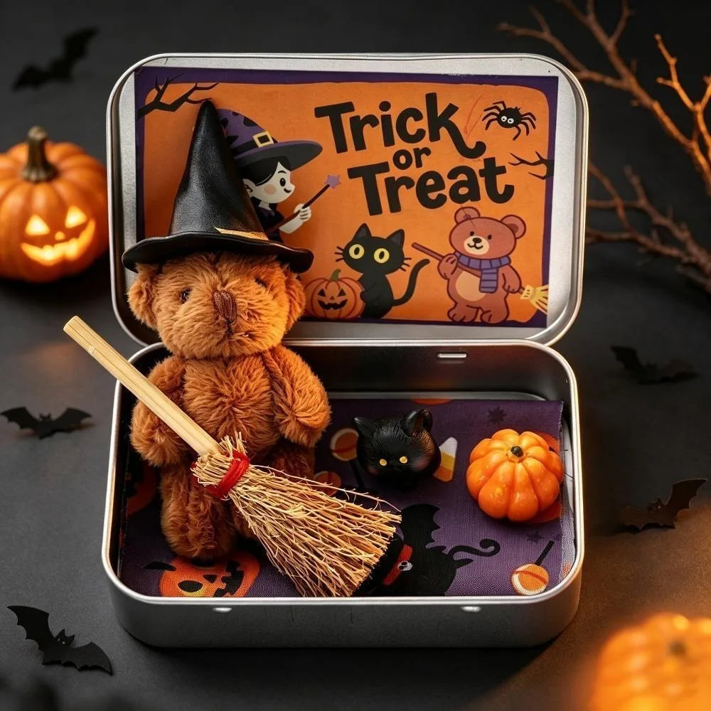 Halloween Mini Witch Bear Gift Set in Tin Box with Ornaments