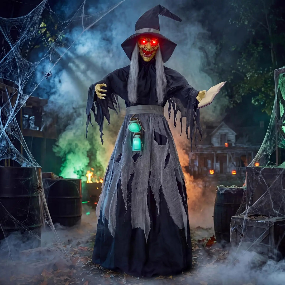 72 Inch Animated Witch with Spellbook Halloween Prop, Red Eyes