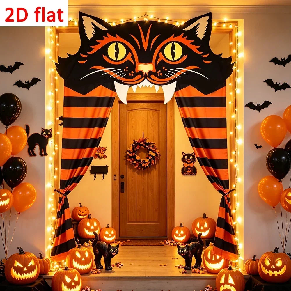 Black Cat Halloween Door Curtain, Orange and Black Striped Banner
