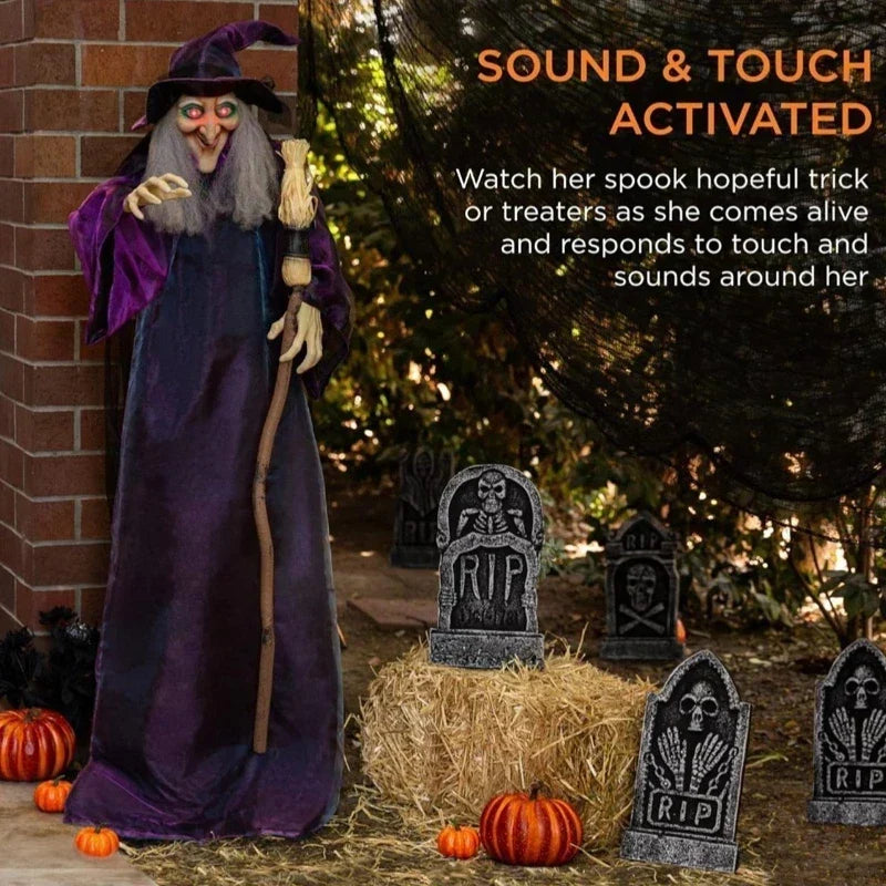 71 Inch Animatronic Witch Halloween Prop, Sound-Activated Red Eyes