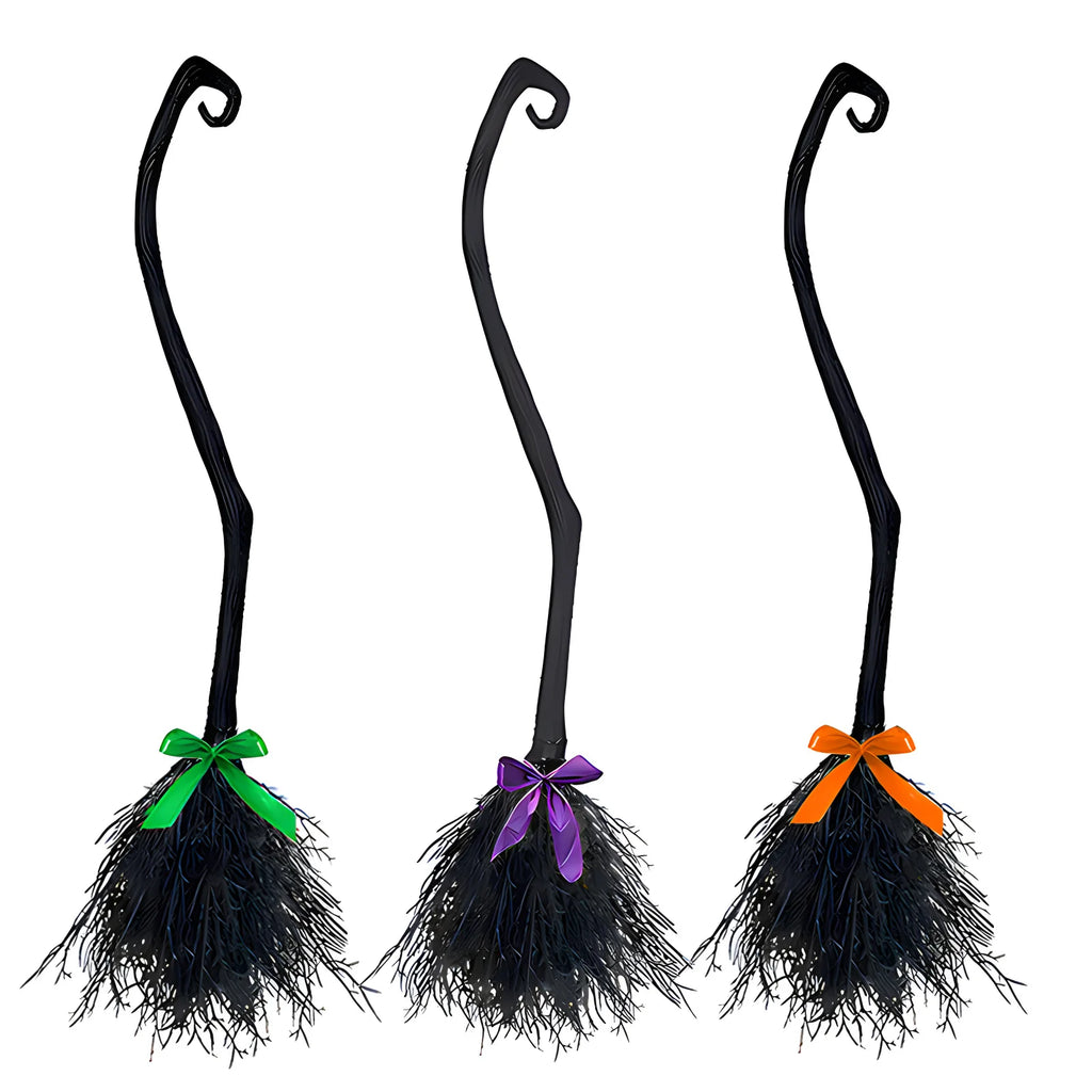 Halloween Witch Broom Costume Prop with Colorful Ribbons, Black