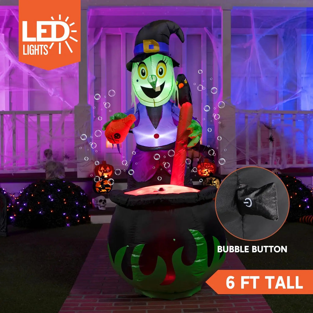 6 ft Halloween Inflatable Witch with Bubbling Cauldron and LEDs