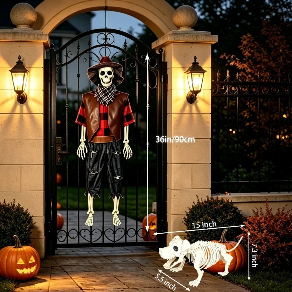 36 Inch Posable Cowboy Skeleton and Dog Halloween Decoration Set