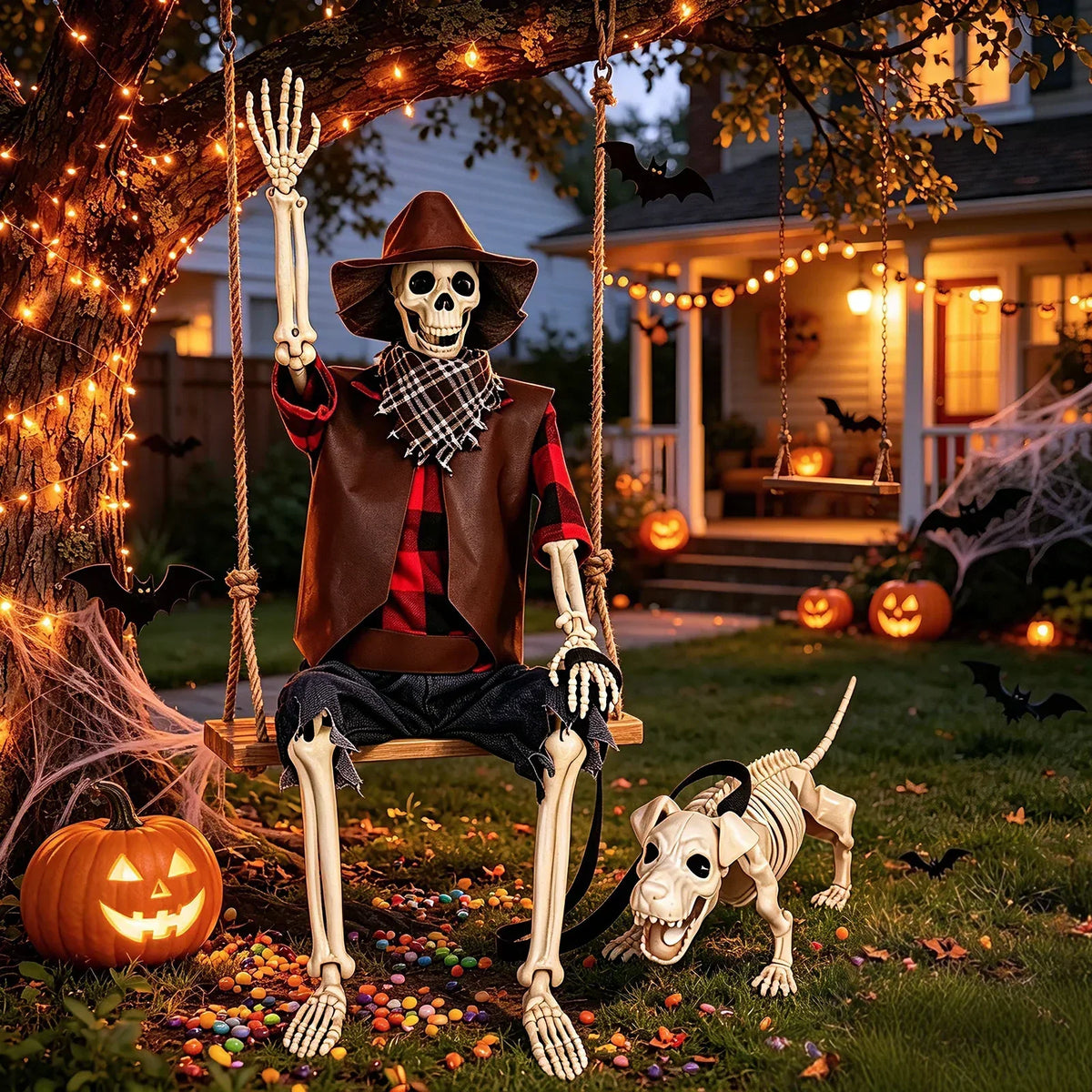 36 Inch Posable Cowboy Skeleton and Dog Halloween Decoration Set