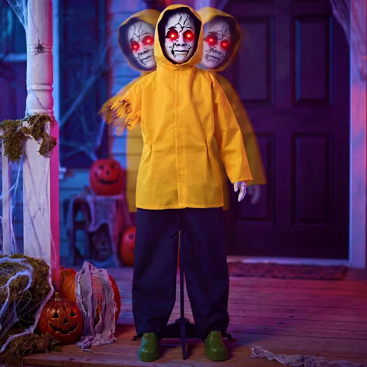 49 Inch Animatronic Raincoat Boy Halloween Prop with Glowing Eyes