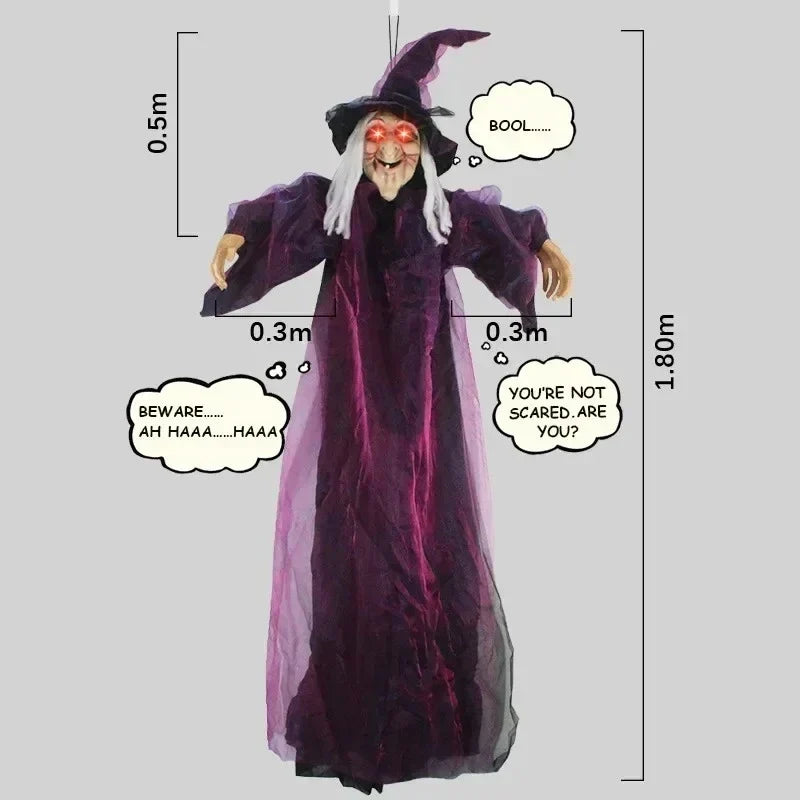 71 Inch Animatronic Witch Halloween Prop, Sound-Activated Red Eyes