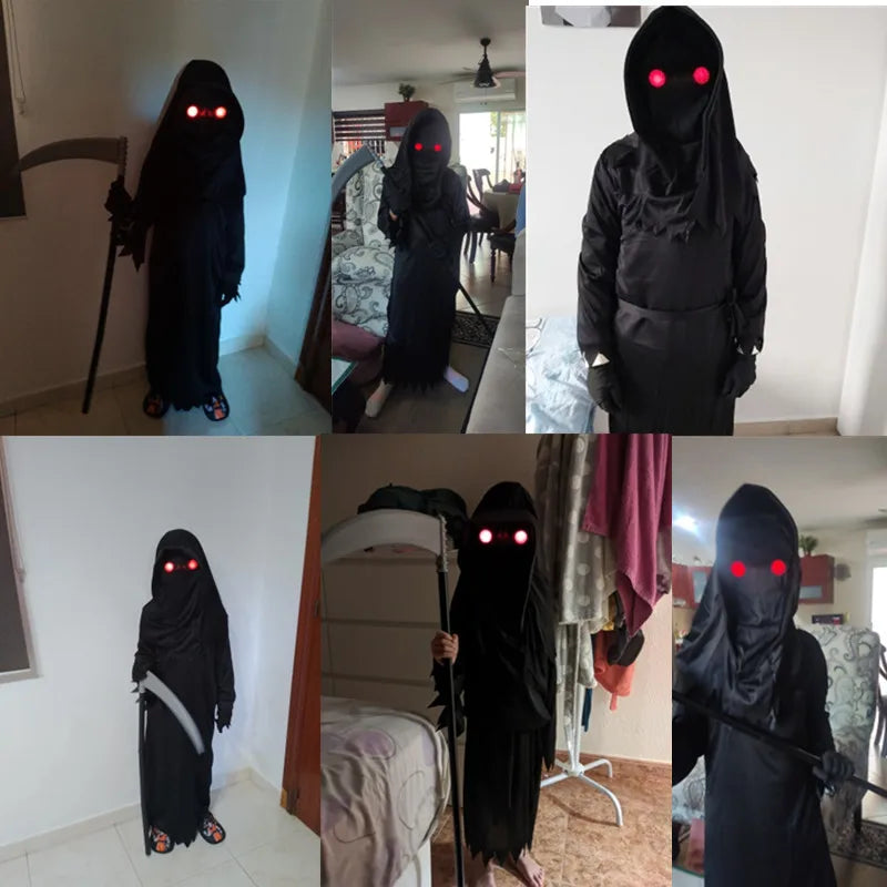 Kids Grim Reaper Halloween Costume with Red Eyes, Robe and Scythe