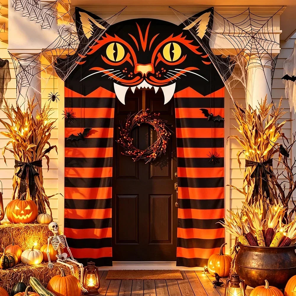 Black Cat Halloween Door Curtain, Orange and Black Striped Banner