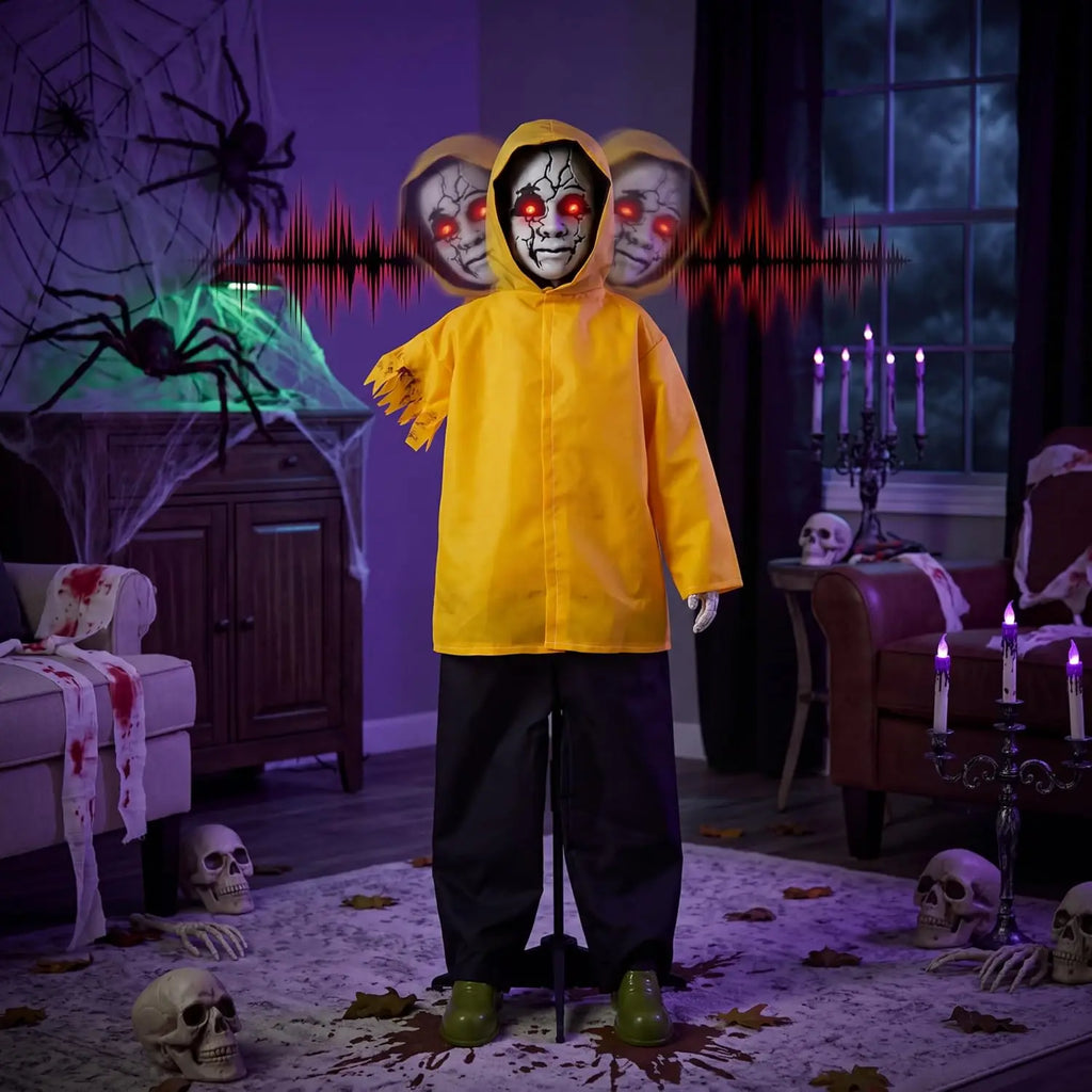 49 Inch Animatronic Raincoat Boy Halloween Prop with Glowing Eyes