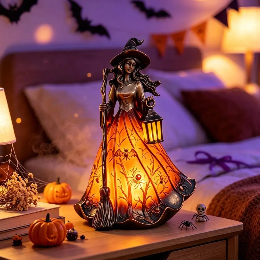 Halloween Witch Statue Lamp with Lantern, USB Tabletop Light