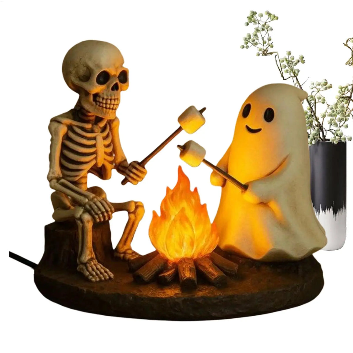 Skeleton and Ghost Campfire Night Light, Halloween Resin Lamp