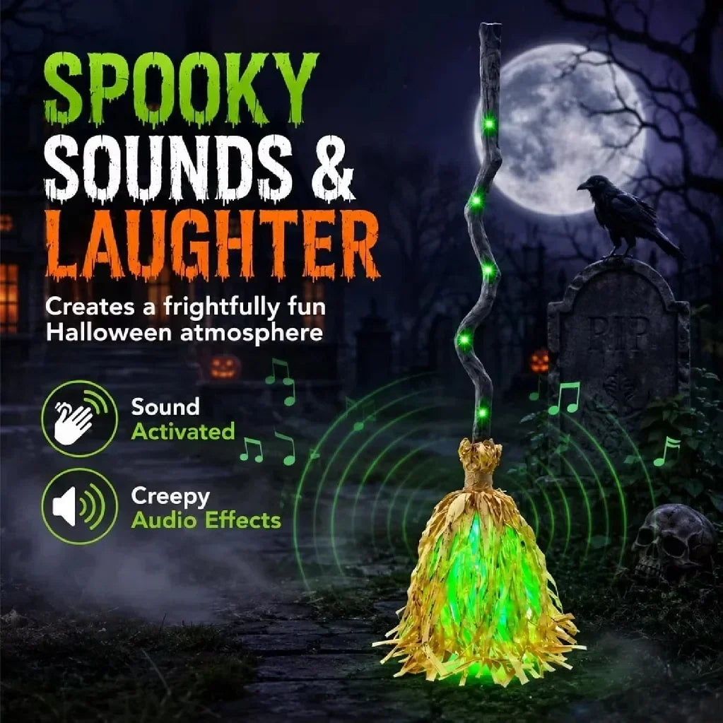 Animated Witch Broom Halloween Prop with Glow, Sound and Bouncing