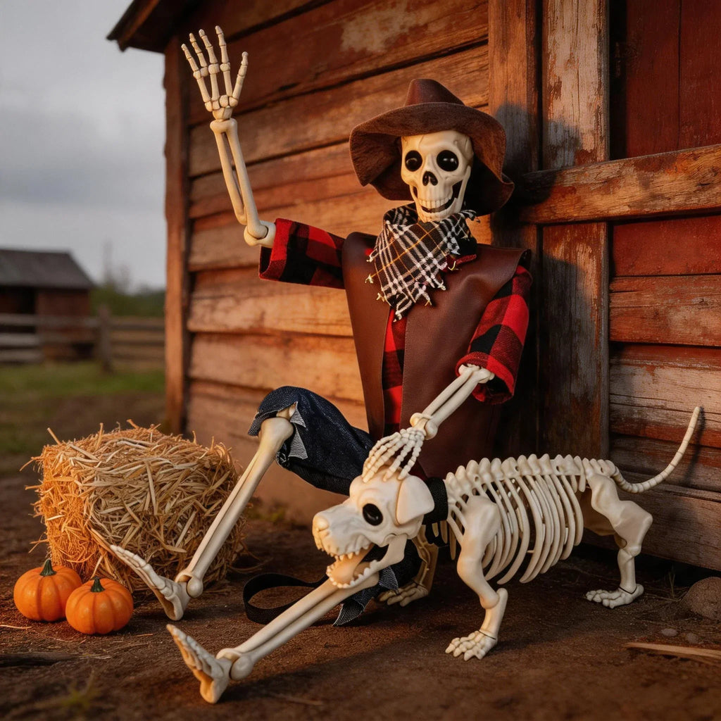 36 Inch Posable Cowboy Skeleton and Dog Halloween Decoration Set