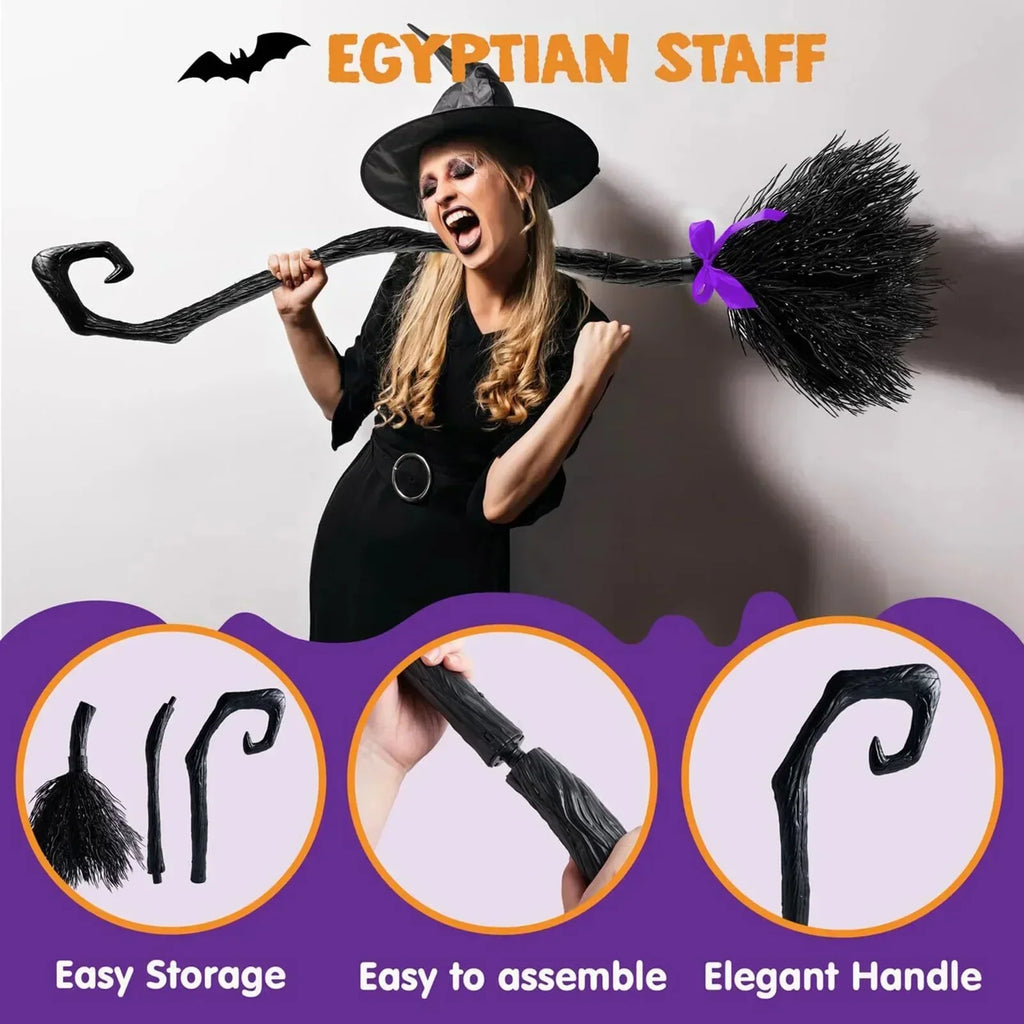 Halloween Witch Broom Costume Prop with Colorful Ribbons, Black