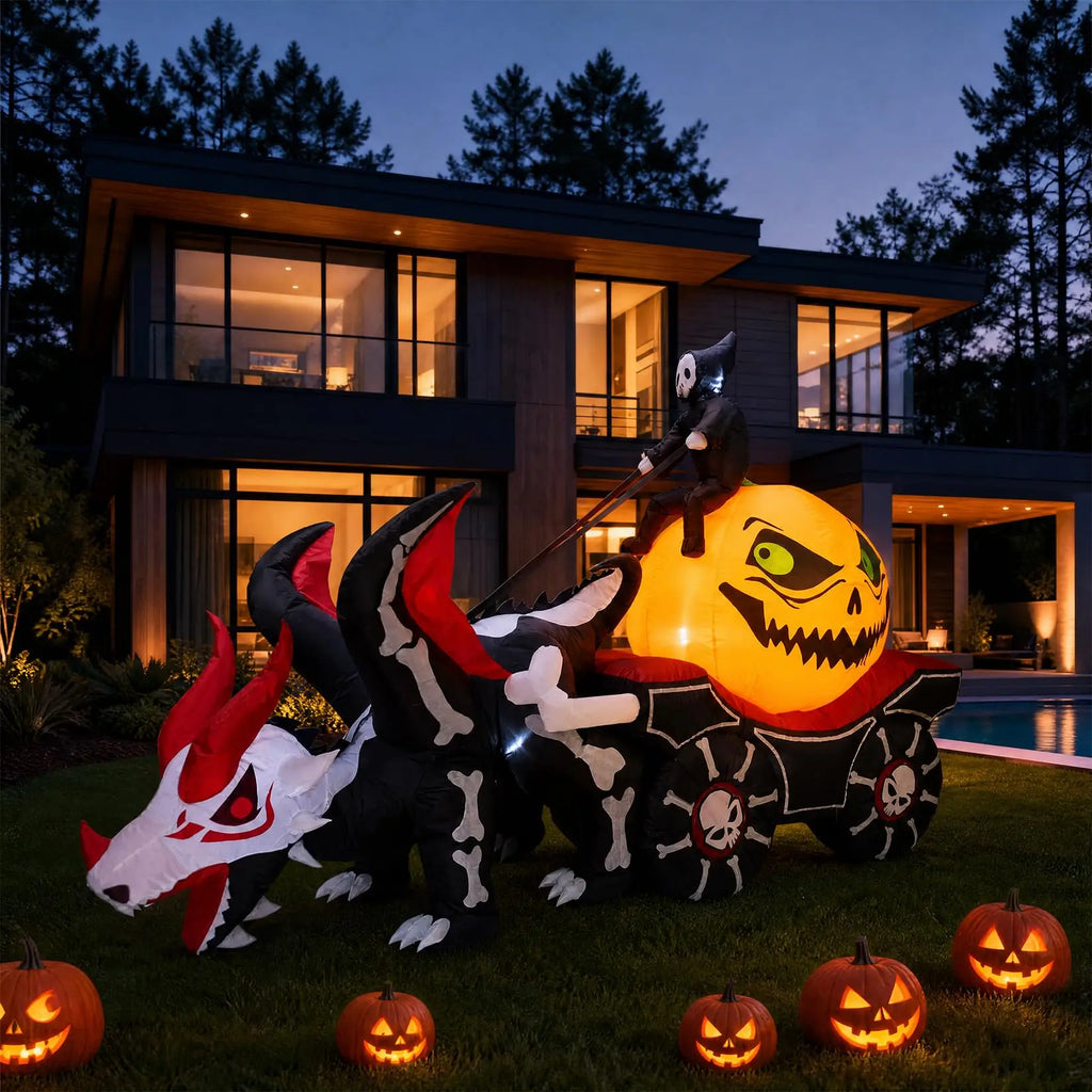 12 ft Halloween Inflatable Grim Reaper Dragon Carriage with LEDs