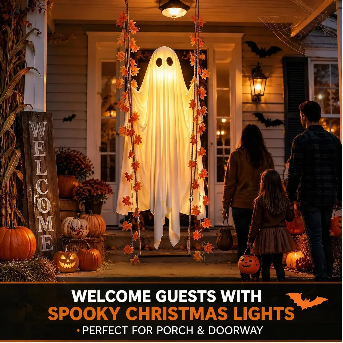 Hanging Swing Ghost Halloween Decor with LED Lights and Remote