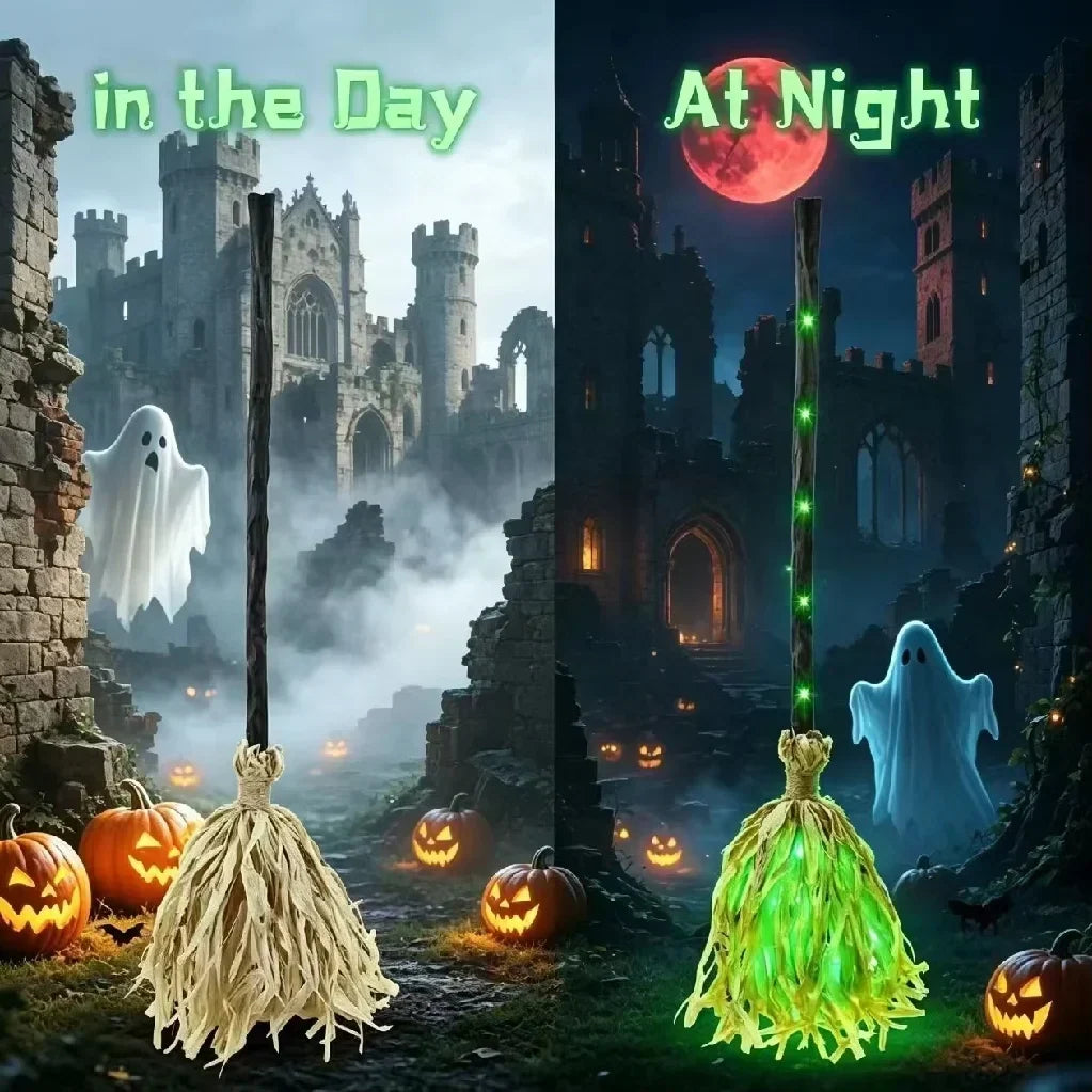Animated Witch Broom Halloween Prop with Glow, Sound and Bouncing