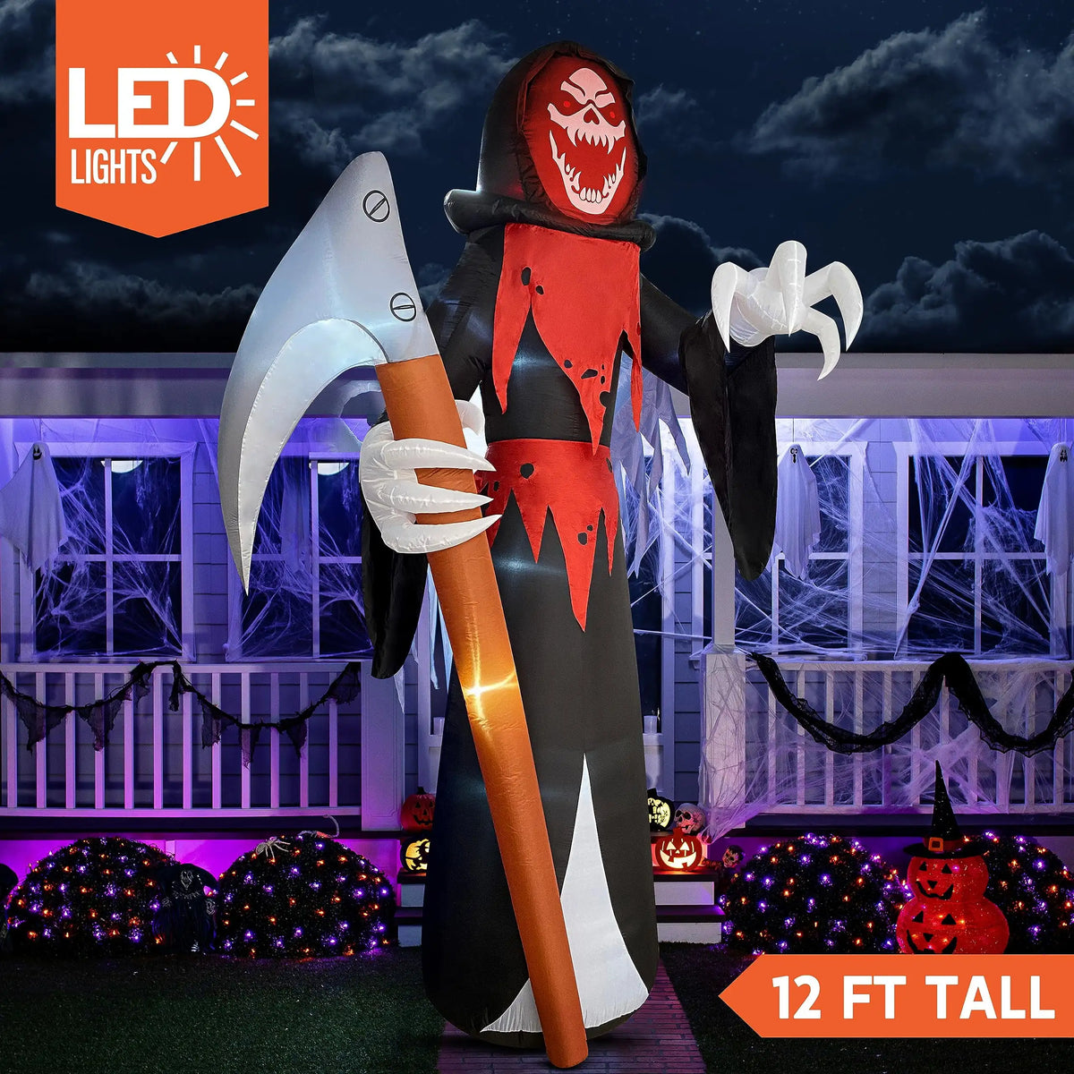 12 ft Halloween Inflatable Grim Reaper or Witch with LED Lights