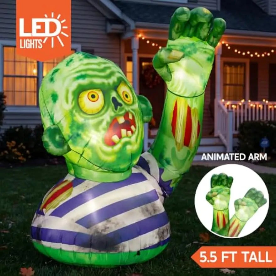 5.5 ft Halloween Inflatable Zombie with Waving Hand and LED Lights