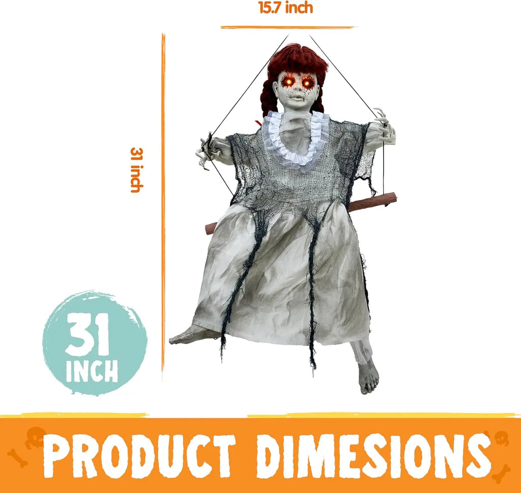 Animated Hanging Swing Girl Halloween Prop with Light-Up Eyes