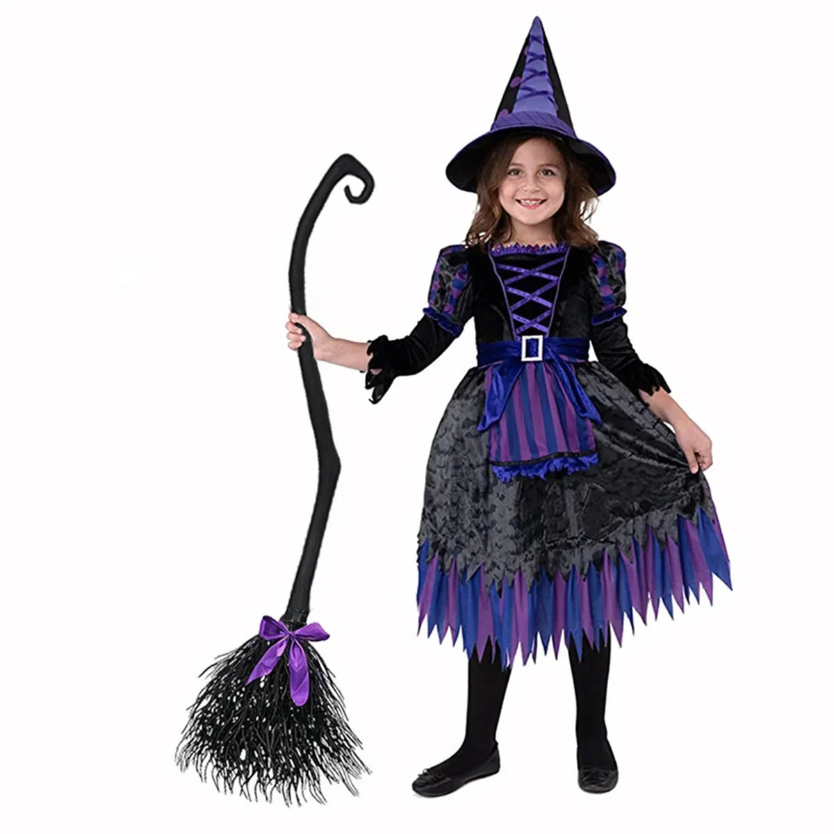Halloween Witch Broom Costume Prop with Colorful Ribbons, Black