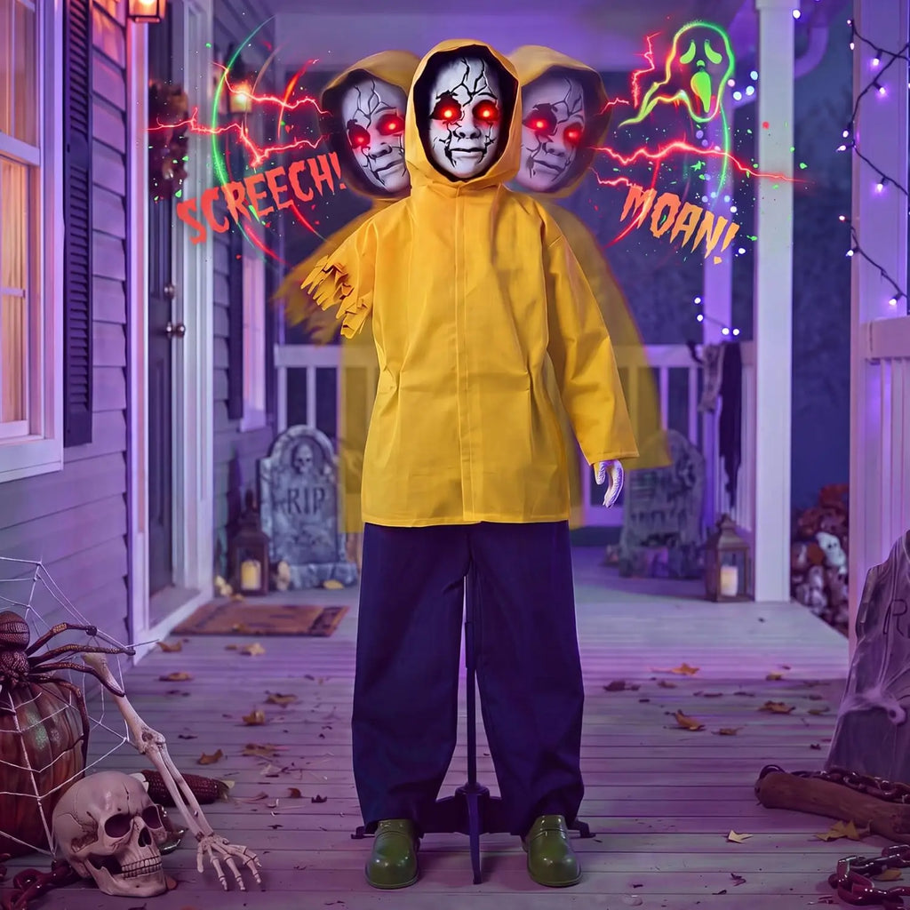 49 Inch Animatronic Raincoat Boy Halloween Prop with Glowing Eyes